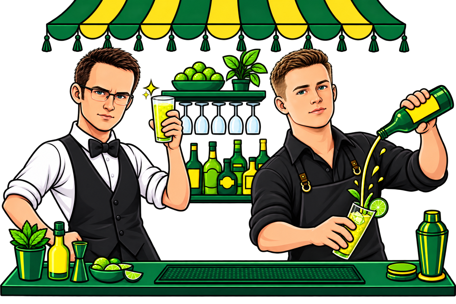 Two original cartoon bartenders behind a green bar: one holding a highball glass up to the light, one pouring tonic in a high arc.