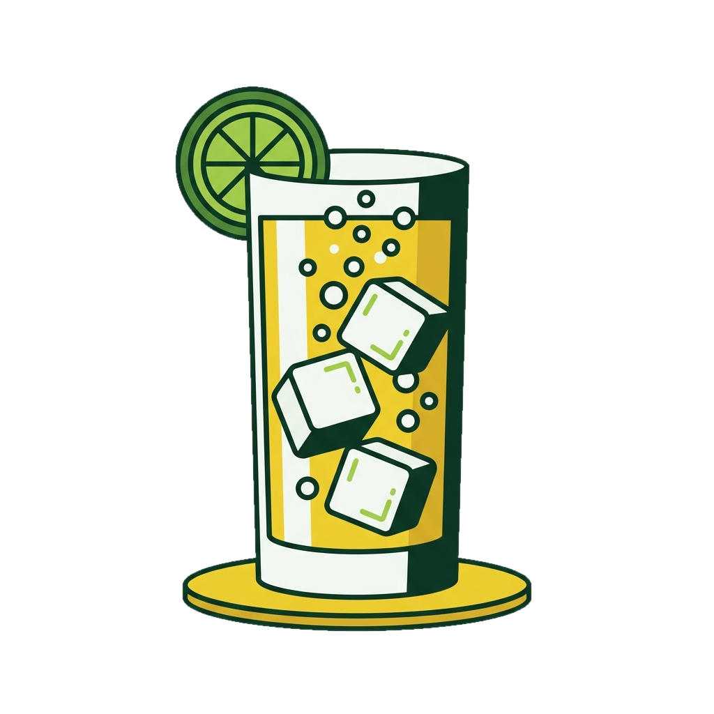 A tall gin and tonic with ice and a lime wheel, on a yellow coaster.